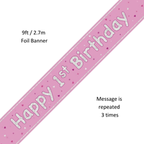 Pink Glitz Happy 1st Birthday Prismatic Foil Banner 9ft