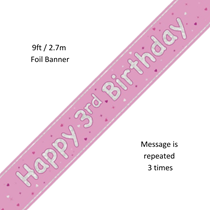 Pink Glitz Happy 3rd Birthday Prismatic Foil Banner 9ft