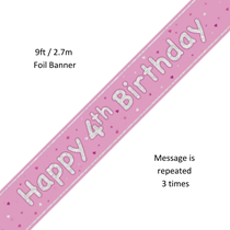 Pink Glitz Happy 4th Birthday Prismatic Foil Banner 9ft