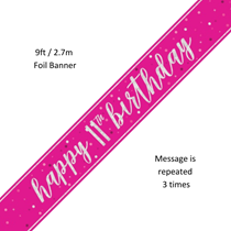 Pink Glitz Happy 11th Birthday Prismatic Foil Banner 9ft