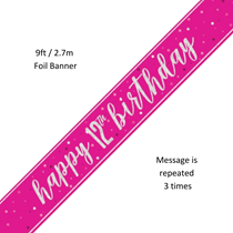 Pink Glitz Happy 12th Birthday Prismatic Foil Banner 9ft