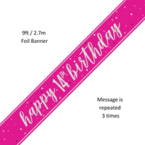 Pink Glitz Happy 14th Birthday Prismatic Foil Banner 9ft
