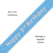 Blue Glitz Happy 3rd Birthday Prismatic Foil Banner 9ft