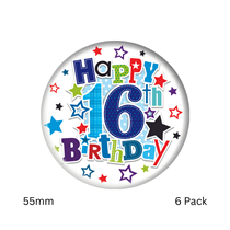 Happy 16th Birthday Small Blue Badges 55mm 6pk