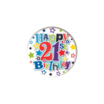 Happy 21th Birthday Small Blue Badges 55mm 6pk