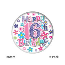 Happy 16th Birthday Small Pink Badges 55mm 6pk