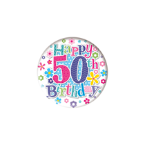 Happy 50th Birthday Small Pink Badges 55mm 6pk