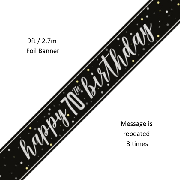 NEW Black Glitz Happy 70th Birthday Pristmatic Foil Banner 9ft